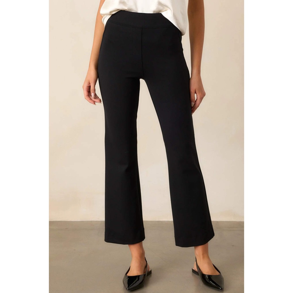 Black Stretch Knit Pull On Cropped Kick Flare Pants Mid Rise Trouser